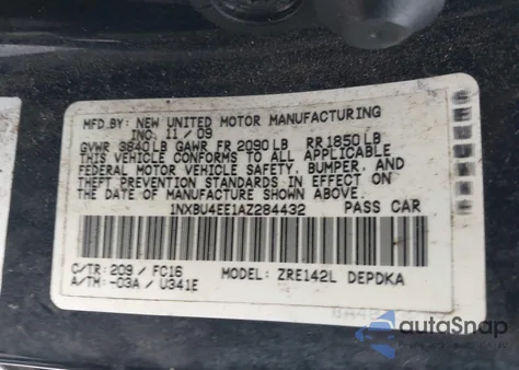 2010 Toyota Corolla Le from USA, damaged, VIN 1NXBU4EE1AZ284432
